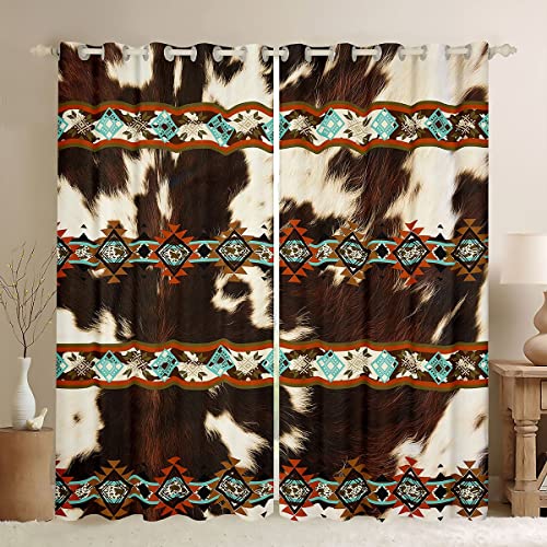Erosebridal Cowhide Curtains Western Blackout Curtains,Brown Cow Print Curtains & Drapes Exotic Diamond Aztec Tribe Curtains 84"X84",Farm Animals Bull Cattle Skin Room Decor Cowboys Gifts fo
