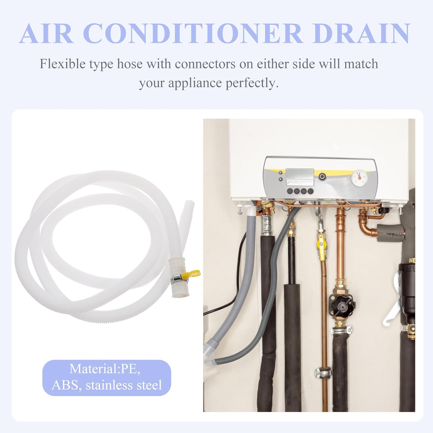 Housoutil Air Conditioner Drain Hose Kit 118 Inch Flexible Drain Pipe with Stainless Steel Clamp for Mini Split Ac and Washing Machine Extension Outdoor Use