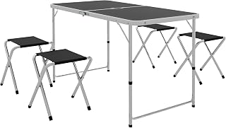 Outsunny Conjunto de Camping de 5 Piezas Mesa para Camping Plegable con Sillas Incluye 1 Mesa Ajuatsble en Altura con Encimera MDF Orificio para Sombrilla 120x60x55-70 cm y 4 Taburetes Plegables Negro
