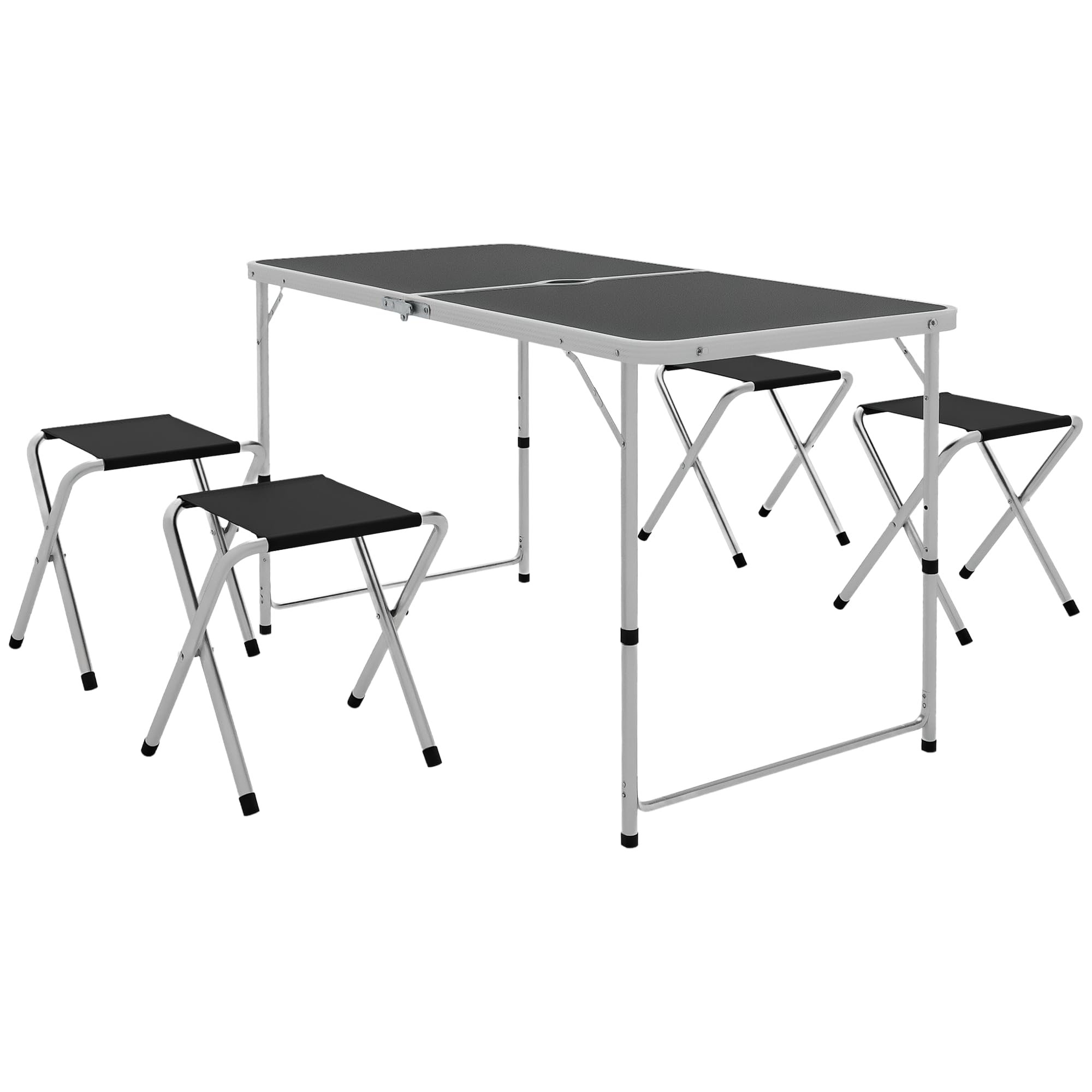 Outsunny Ensemble Table et Chaise de Camping Pliantes 5 pièces, Table à Hauteur Ajustable avec 4 chaises Pliantes, avec Trou de Parasol, Gris foncé