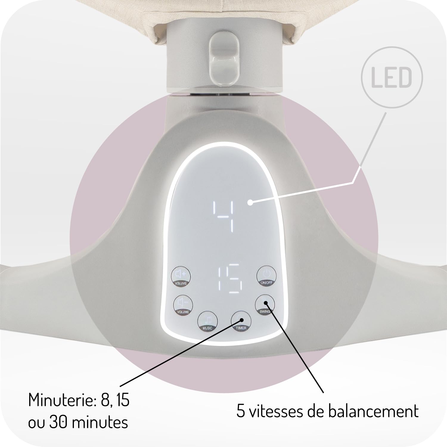 Balancelle MoMi KENANI SAND jusqu'à 9 kg, écran LED, télécommande, Bluetooth pour smartphone, alimentation piles/secteur, harnais de sécurité 5 points, arche et jouets