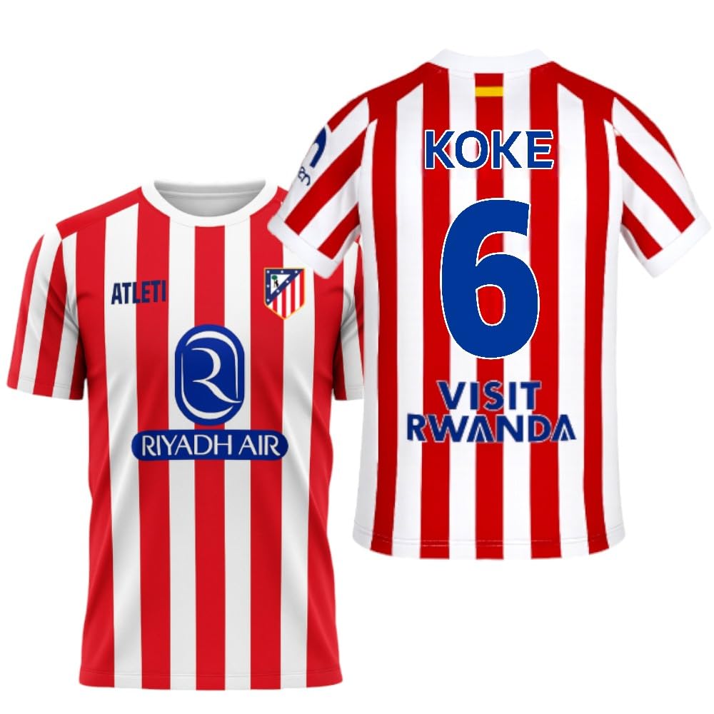 Atletico de Madrid - Camiseta Oficial 25/26 | Koke #6 | Primera Equipación | Rayas Rojas y Blancas Hombre Adulto