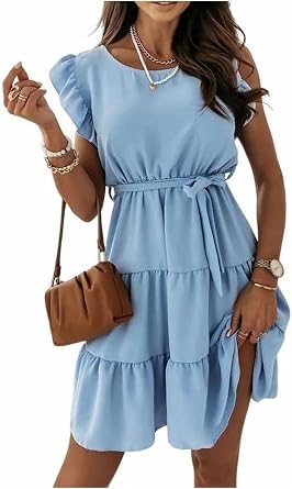 Womens Ruffles Boho Babydoll Loose Swing Casual Tiered Short Mini Dress with Tie