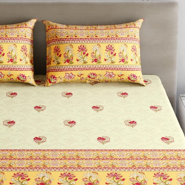 Image of Home Ecstasy 100% Cotton Double Bedsheet with 2 Pillow Covers - (Size 87 x 92 inches, TC, Colour - Yellow)