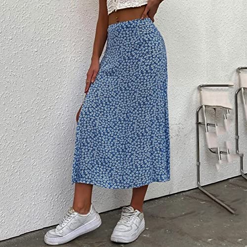 Women Boho Floral Slit Maxi Skirt Split Thigh High Waisted Elastic Casual Lightweight Beach Skirt for Summer Vacation4