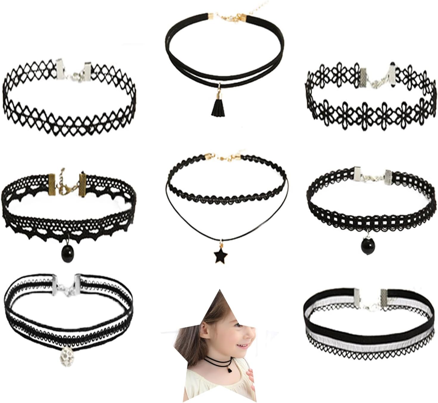 8pcs/set Kids Chokers Children's Fashion Necklace Classic Chokers for Girl(multi-color,8pcs/set)