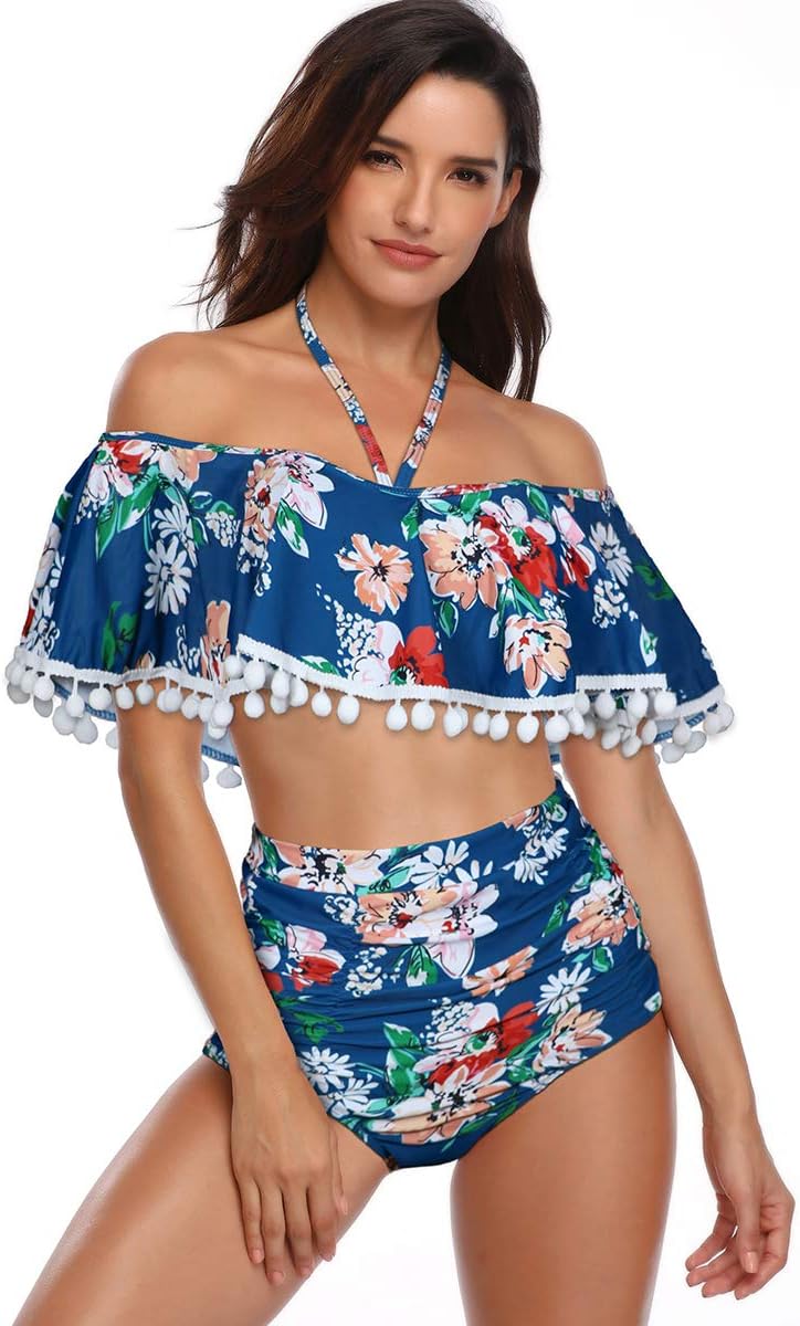 Women High Waisted Retro Flounce Off Shoulder Two Piece Swimsuit