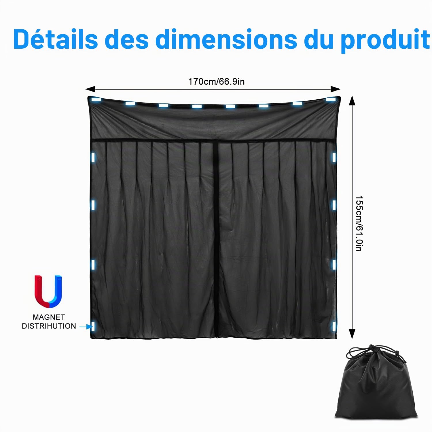 Erato Moustiquaire magnétique pour fourgon, écran anti-insectes 155 x 170 cm avec 3 fermetures à glissière et 16 aimants pour VW T5/T6/T6.1/T7 California, ID Buzz, Trafic, Ducato Camper, Marco Polo et