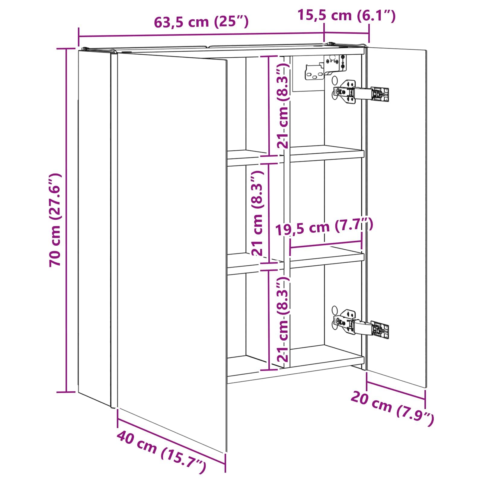 Szafka łazienkowa z lustrem biała z materiału drewnopochodnego 63,5 x 15,5 x 70 cm z oświetleniem LED, montaż na ścianie, schowek, regulowane regały, dwustronne lustro do łazienki i łazienki