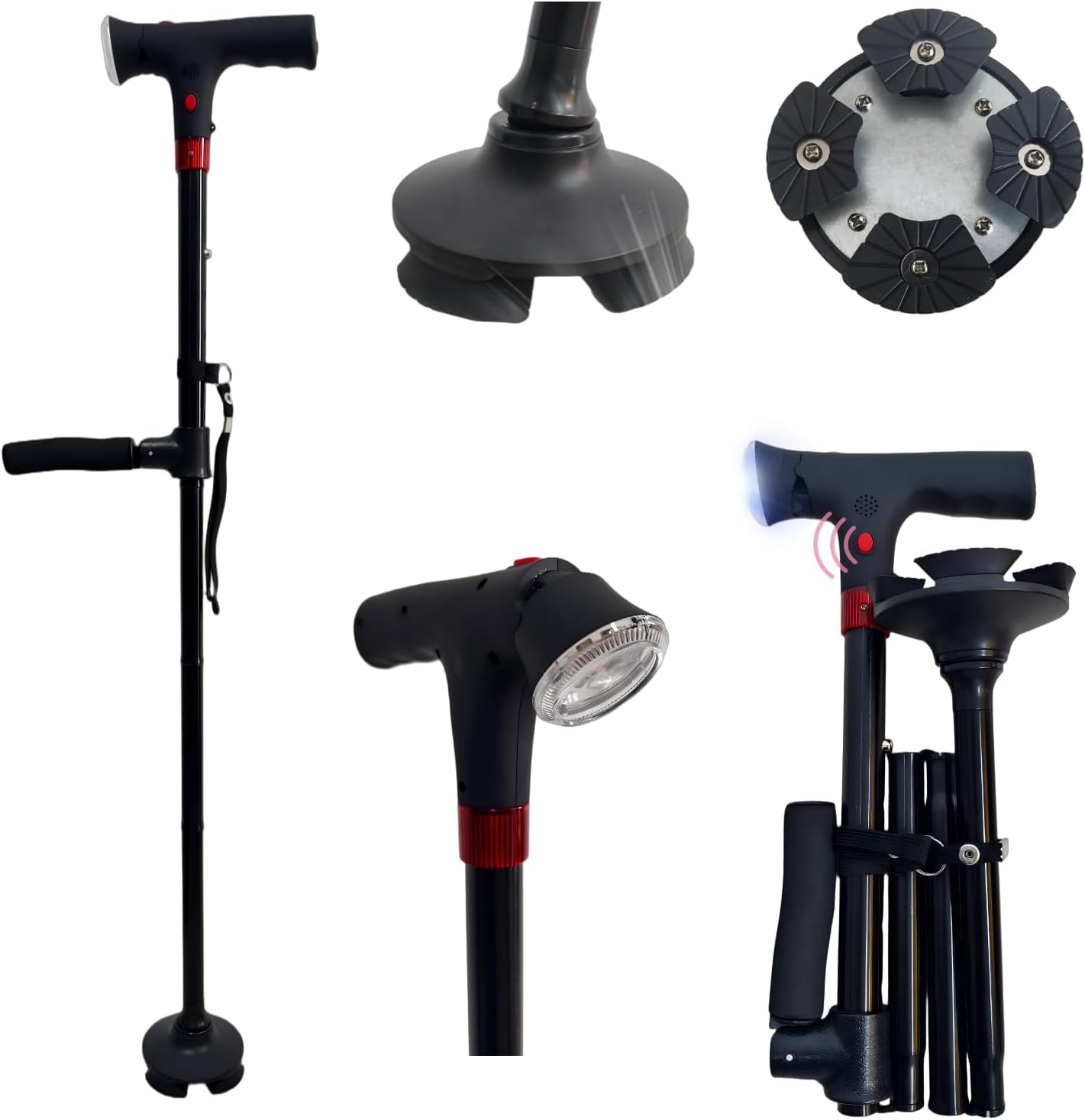 Folding Walking Cane for Men & Women-Lightweight Adjustable Walker Cane with Non-Slip Handle,360° Rotating Base,LED Light, Emergency Alarm Button & Wrist Strap-Senior Canes for Daily Walking
