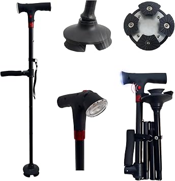 Folding Walking Cane for Men & Women, Lightweight Adjustable Cane with 360 Rotating Base & LED Light Batteries Not Included, Non-Slip Handle, Foldable Senior Walking Stick