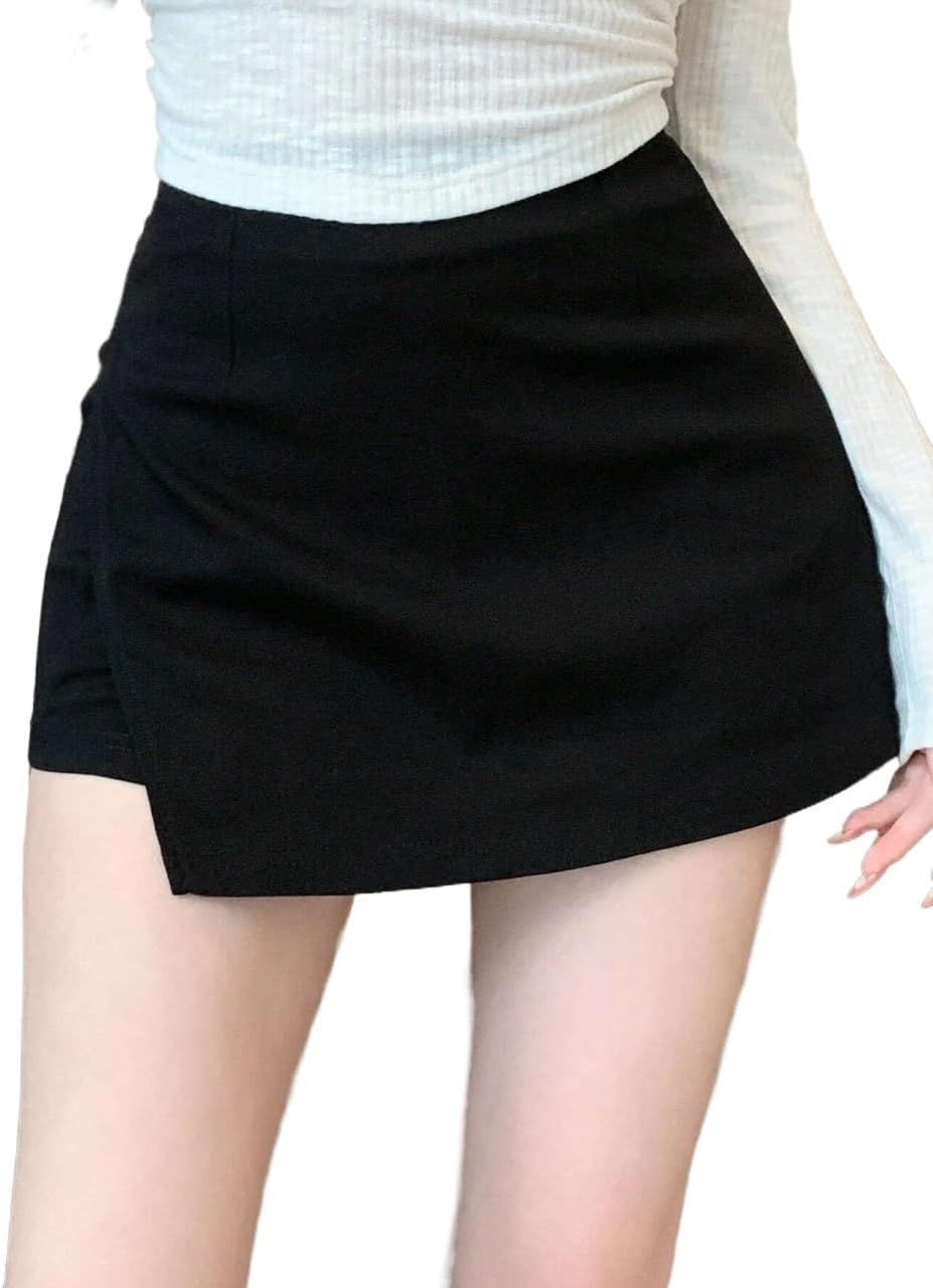 Women's Casual Mini Skort with Side Slit - Black Woven Fabric Skirt for Summer Outfits