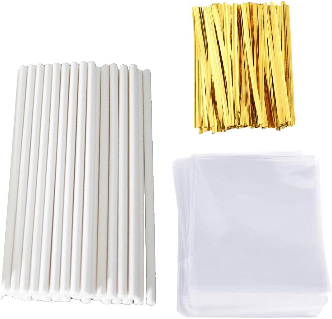 Lollipop Stick (6 inch), Candy Wrappers and Twist Ties Set, 100 Papery Lollipop Sticks (6 inch), 200 Lollipop Bags and 200 Twist Ties (500Pcs)