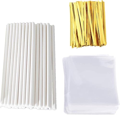 Miniatura 1 de Palitos de piruleta (6 pulgadas), juego de envoltorios de dulces y corbatas, 100 palitos de piruleta de papel (6 pulgadas), 200 bolsas para paletas