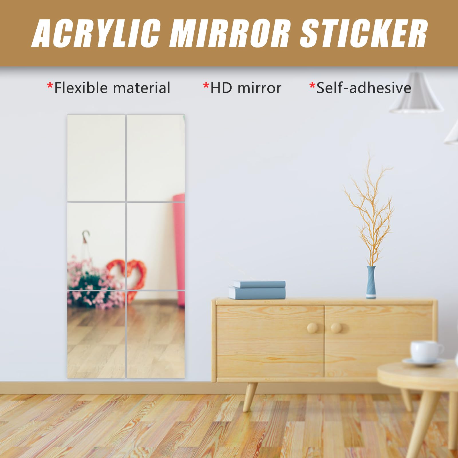 TSLBW 4 Pack Self Adhesive Mirror Stickers 40x30cm Acrylic Mirror Sheets for Wall School Home Livingroom Bathroom Bedroom Decor — view 3