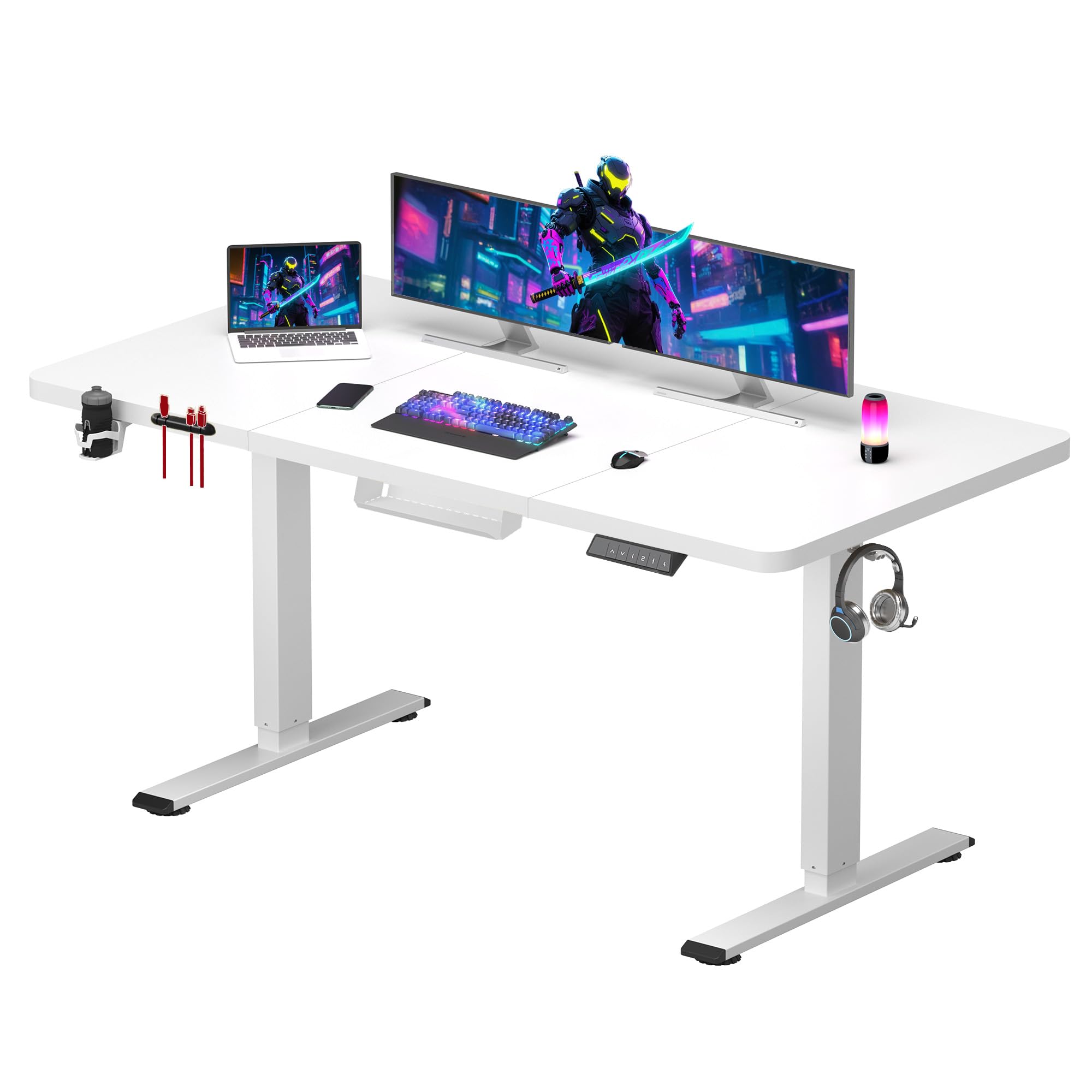 SANODESK 140x60cm Electric Standing Desk Height Adjustable Gaming Standing Desk with Hooks & Cupholder Sit Stand Desk with Organizer Home Office Desk with Memory Smart Pannel Splice Board