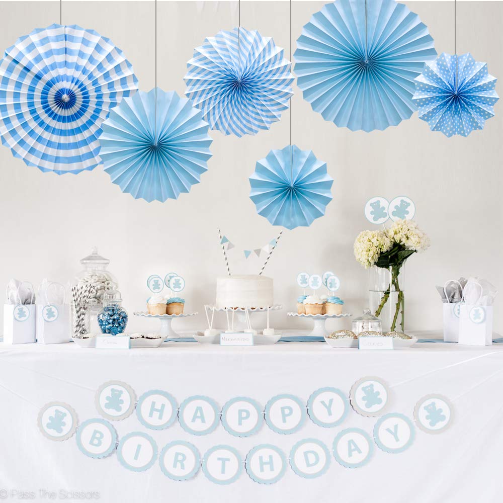 ADLKGG Hanging Paper Fans Party Set, Round Pattern Paper Garlands Decoration for Birthday Baby Boy Shower Graduation Bachelorette, Set of 6 (Blue) 3