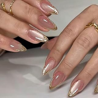 Medium Almond Press on Nails French Tip Full Cover False Fake Nails Press ons Cat Eye Stick on Nail Nude Glitter Acrylic F...