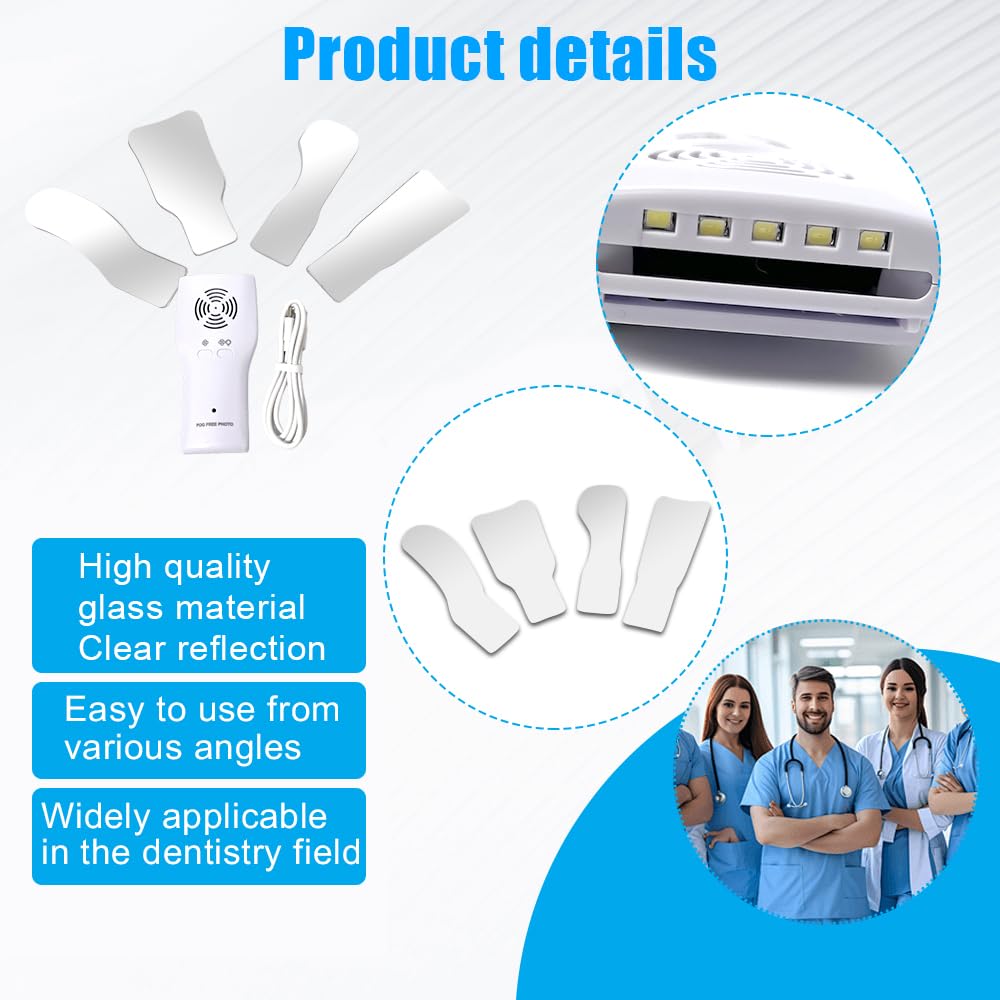 Fog-Free Dental Mirror Kit - 4 Rhodium Intraoral Mirrors with Anti-Fog Fan & LED Lighting Handle, High-Precision Oral Inspection Device for Dentists and Hygienists