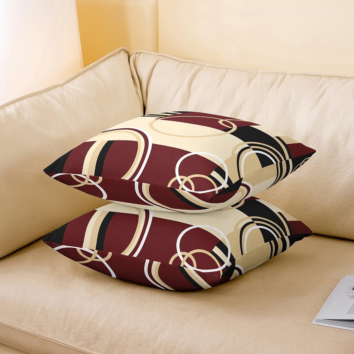 Modern Geometric Pillow Covers Red Brown Black Stripes Cushion Cases Retro Circle Swirls Throw Pillow Covers 18x18 Set of 4 Abstract Texture Color Decorative Accent Pillow Cases For Outdoors Car