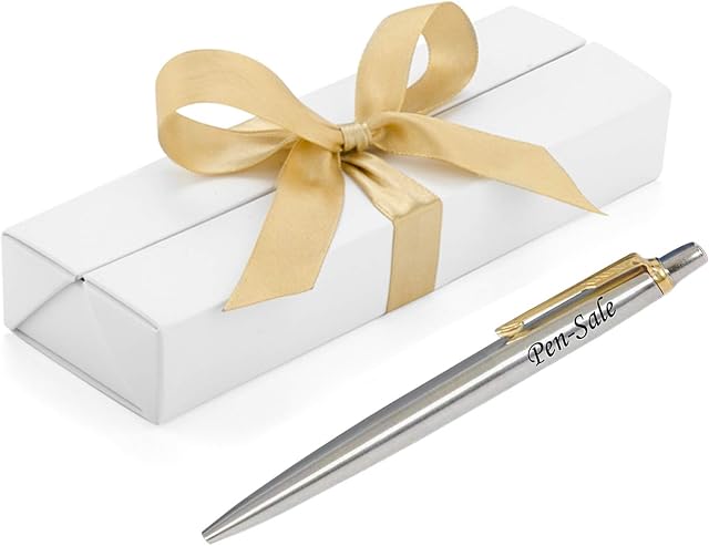 Personalised Engraved Parker Jotter Stainless Steel Gold Trim Ballpoint Pen in a White Presentation Box with Blue Ink - Personalised Gifts for Christmas - Enter Your Custom Engraving