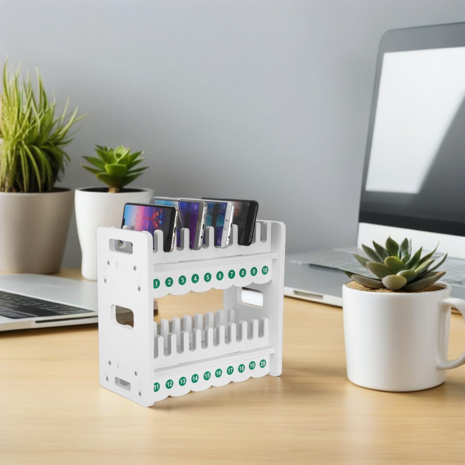 Kichvoe Supporto per Telefono a 2 Livelli da Scrivania con 20 Slot Numerati, Organizer Espositore Multistrato per Ricarica e Archiviazione Smartphone Compatibile per Ufficio e Aula