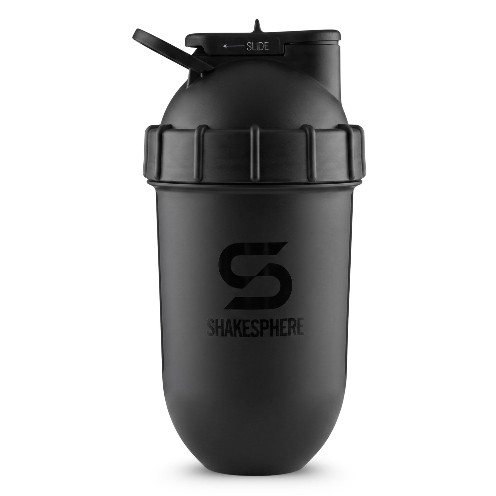 Vista del vaso ShakeSphere: Botella de agitador de proteínas con ventana lateral, 24 oz ● Mezcla de forma de cápsula ● ​​Limpieza fácil (negro mate con ventana negra)