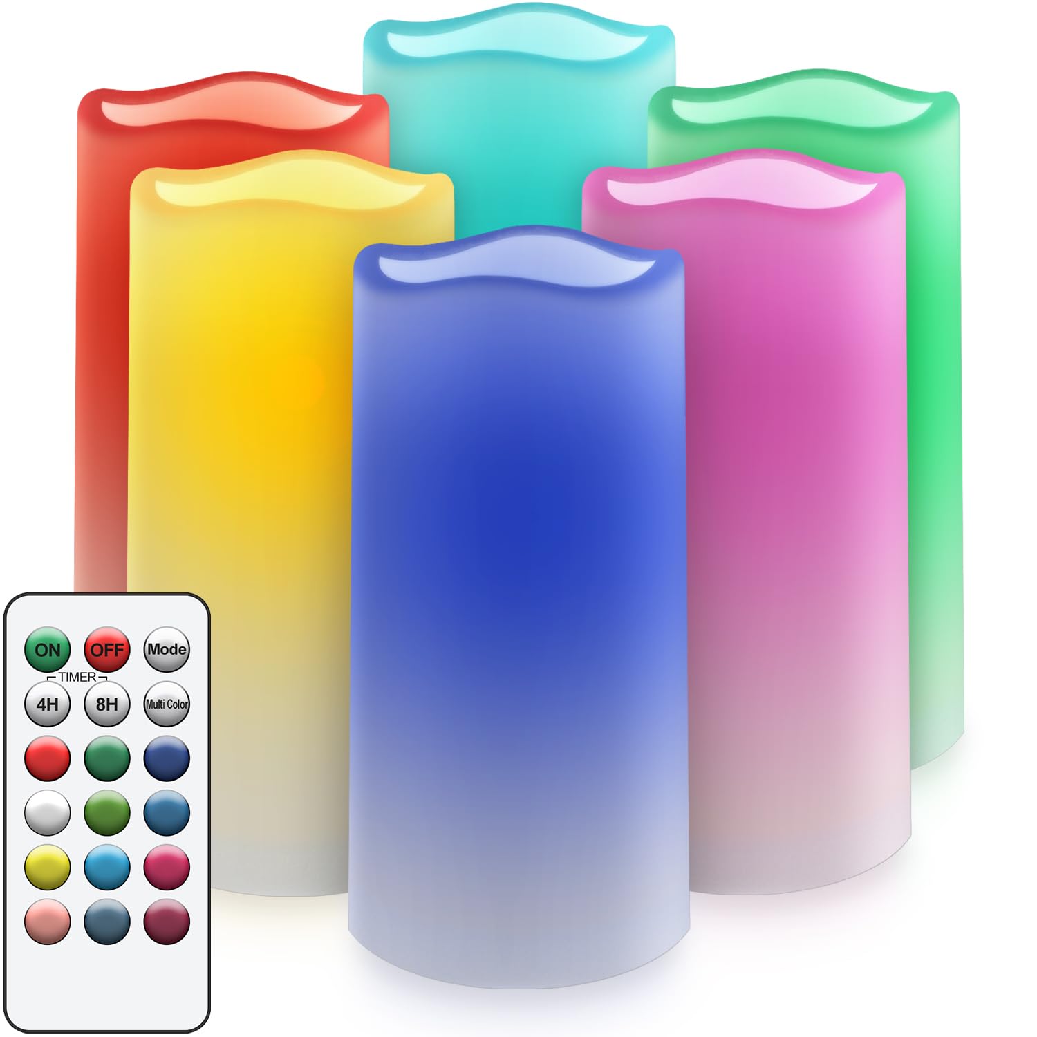 salipt Velas LED Juego de 6, Velas Eléctricas Cambio de Color RGB, 7.6 cm de Diámetro Velas a Pilas Plástico sin Llama con Control Remoto, Temporizador, Impermeables, 15.3 cm de Altura
