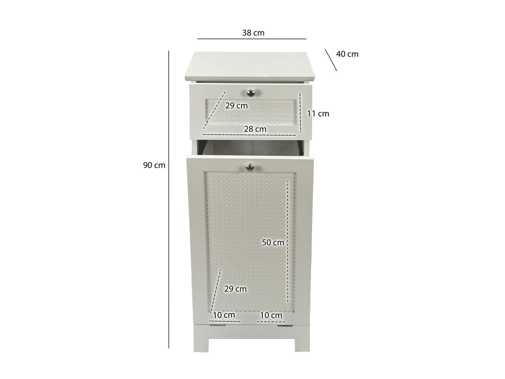 FineBuy Szafka na pranie Biała 38x90x40 cm Rattan Plecionka Szafka wnękowa Łazienka - Wąski kosz na pranie z drzwiami uchylnymi i szufladą - Szafka łazienkowa Pojemnik na pranie