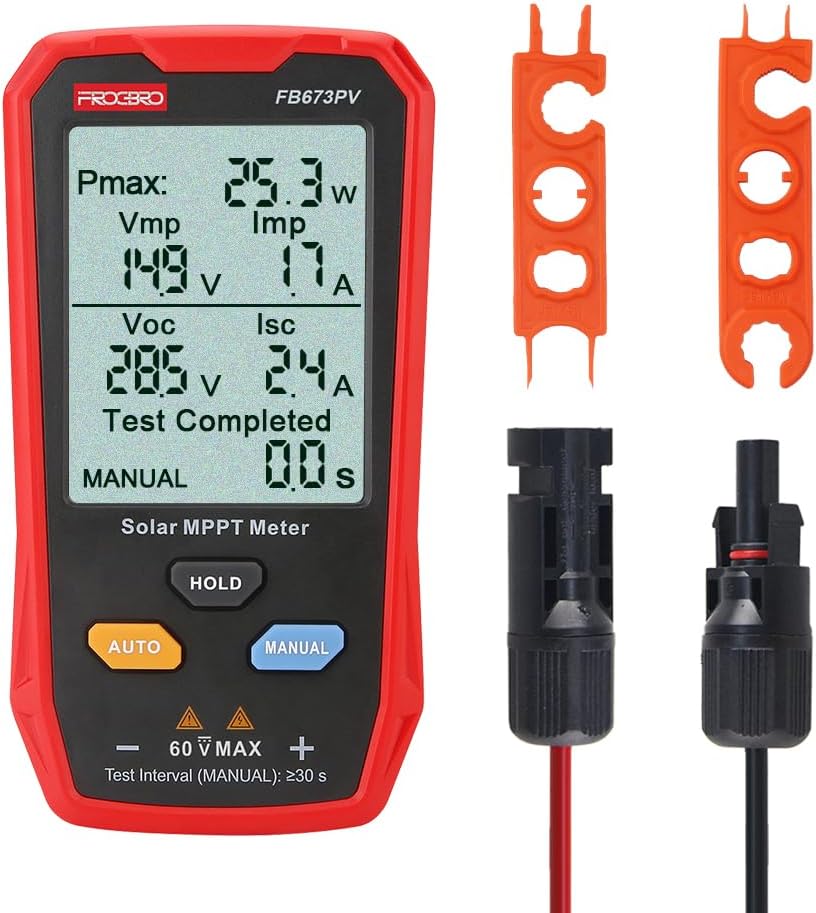 FrogBro Improve Photo voltaic Panel Tester Meter Photovoltaic Multimeter 800W, Photo voltaic MPPT Meter with Massive Extremely Clear LCD, Sensible MPPT Open Circuit Voltage Troubleshooting Utility Software for Photo voltaic PV Testing