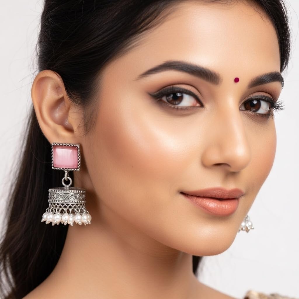 Efulgenz Oxidized Boho Bohemian Antique Statement Indian Earrings for Women Square Stud Crystal Faux Pearl Jhumka Jhumki Earrings Set Indian Oxidized Jewelry Dangle Jhumka Earring Jewelry for Women