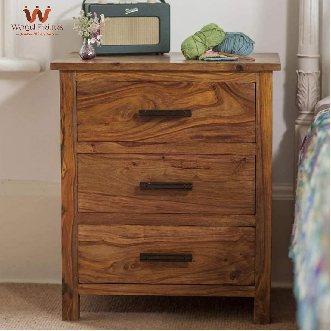 Wooden Bedside Table For Bedroom | Side Table With 3 Drawers Storage For Living Room | Sheesham Wood, Honey Finish-image-42