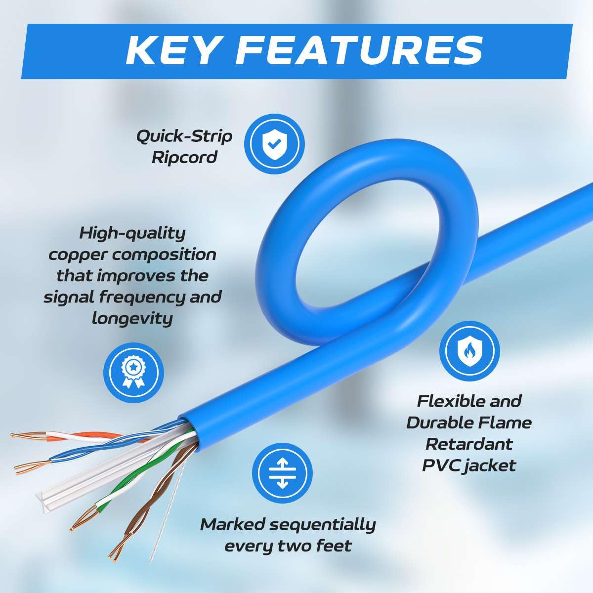 Cables Direct Online Cat6 23AWG 500FT Solid Bare Copper, CMR ETL Riser Wire, POE (Power Over Ethernet) 550MHz Bulk Ethernet, Blue