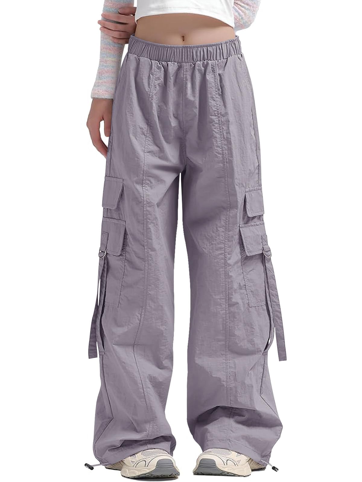 Haloumoning Girls Parachute Pants Kids Wide Leg Cargo Pants Y2K Street Trousers with Pockets 5-14 Years