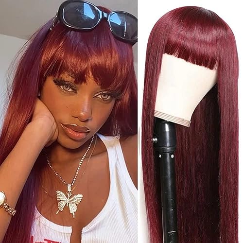 KLAIYI Peluca de cabello humano largo y lacio color burdeos con flequillo, color rojo vino, sin pegamento, para mujeres negras, sin encaje frontal,