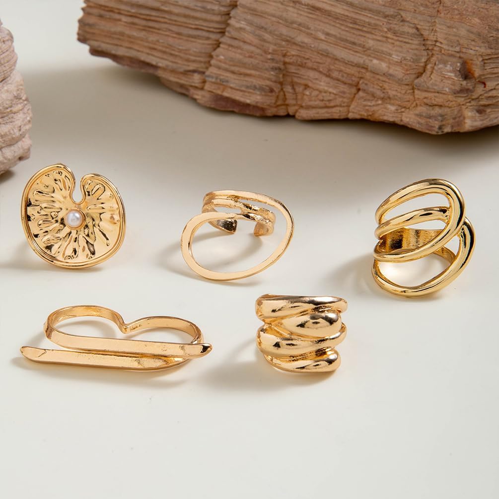 5Pcs Chunky Gold Rings Stackable for Women Trendy, Dainty Stacking Disc Circle Open Knuckle Ring Set Unique Thick Line Irregular Geometric Jewelry Gift - Image 3