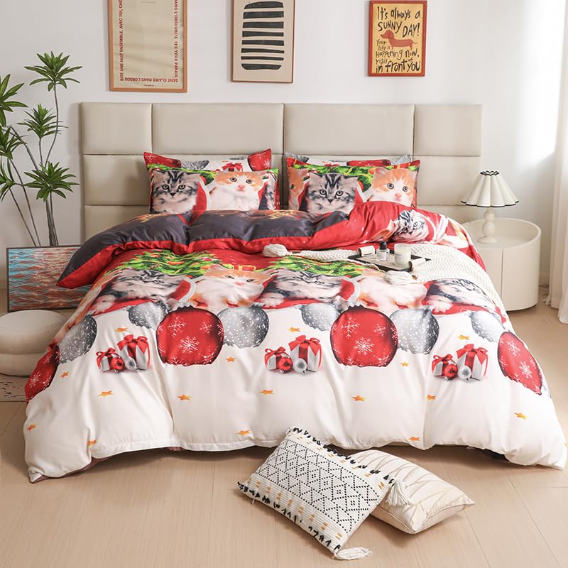 Christmas Royal Santa Claus Merry Xmas Kitty Duvet Quilt Cover & Pillowcase Bedding Set Multi-Colour Snowman Presents Set Ultra Soft Easy Care