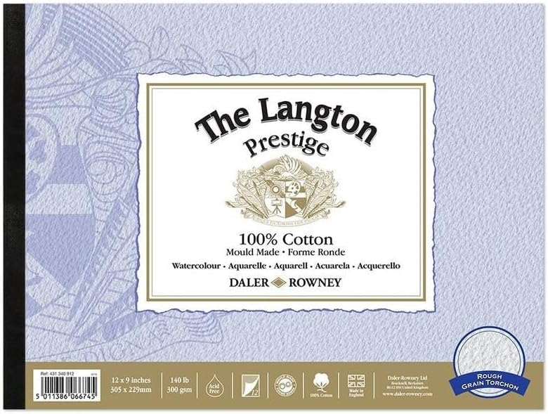 Daler-Rowney The Langton Prestige Hot-Pressed Watercolour & Gouache 300gsm 12 x 9 in Paper Pad, Glued 1 Side, 12 Natural White Sheets, Ideal for Professional Artists & Students