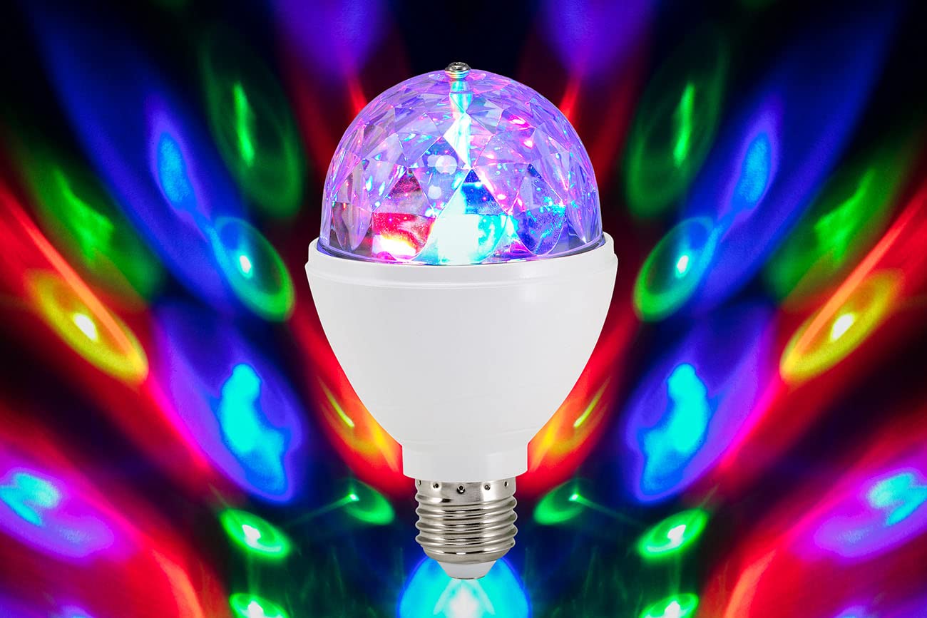 Briloner Leuchten 0528-003 Lámpara de fiesta LED, efectos de luz de discoteca, autogiratoria, cambio de color, fuente de luz, bombilla LED de 3 W, para las lámparas con casquillo E27, 7.3 x 12.9 cm