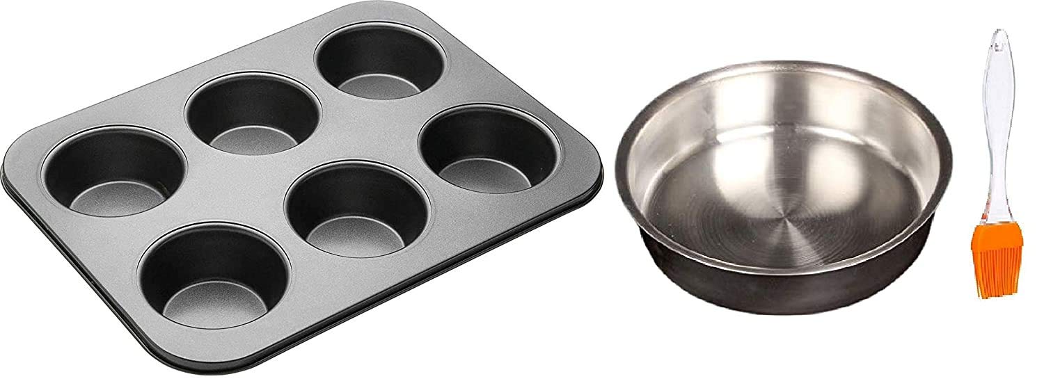 DiBha Round Shape Cake Pan Bakeware Combo (500 Grams) Cake Maker Mould and Oil Brush with Muffin Trey 6 Slots.