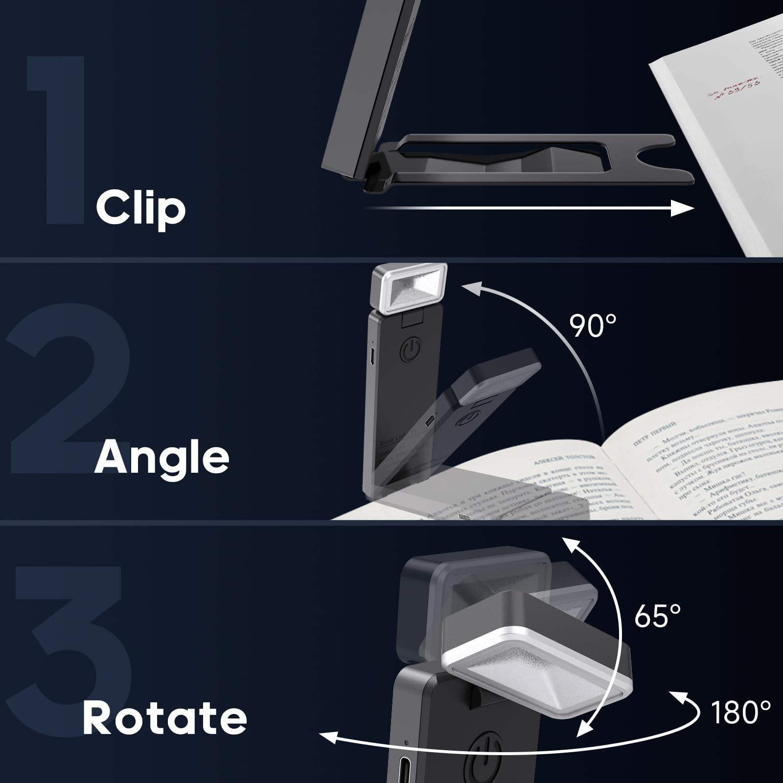 Leselicht, Buchlicht zum Lesen im Bett, über USB wiederaufladbar, LED-Leselicht, Clip-on LED-Leselampe mit 3 bernsteinfarbenen Farben und 5 Helligkeiten, dimmbar, für Buchliebhaber, Kinder, Weiß