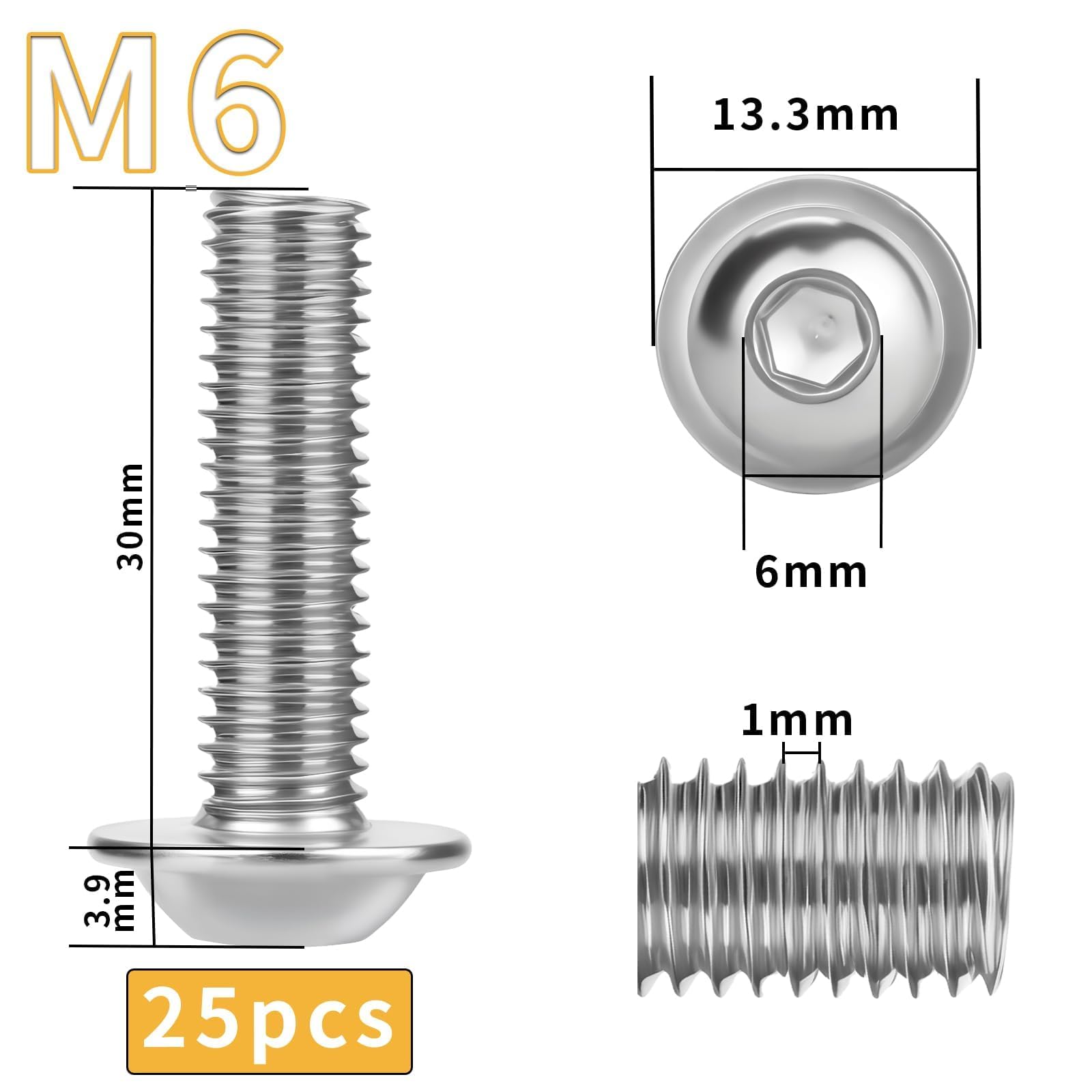 25 sztuk śrub z łbem soczewkowym M6 x 30 śruby ze stali szlachetnej A2 V2A śruby z łbem płaskim ISO 7380, śruby z łbem soczewkowym, nierdzewne śruby gwintowane z kołnierzem, z gniazdem sześciokątnym i