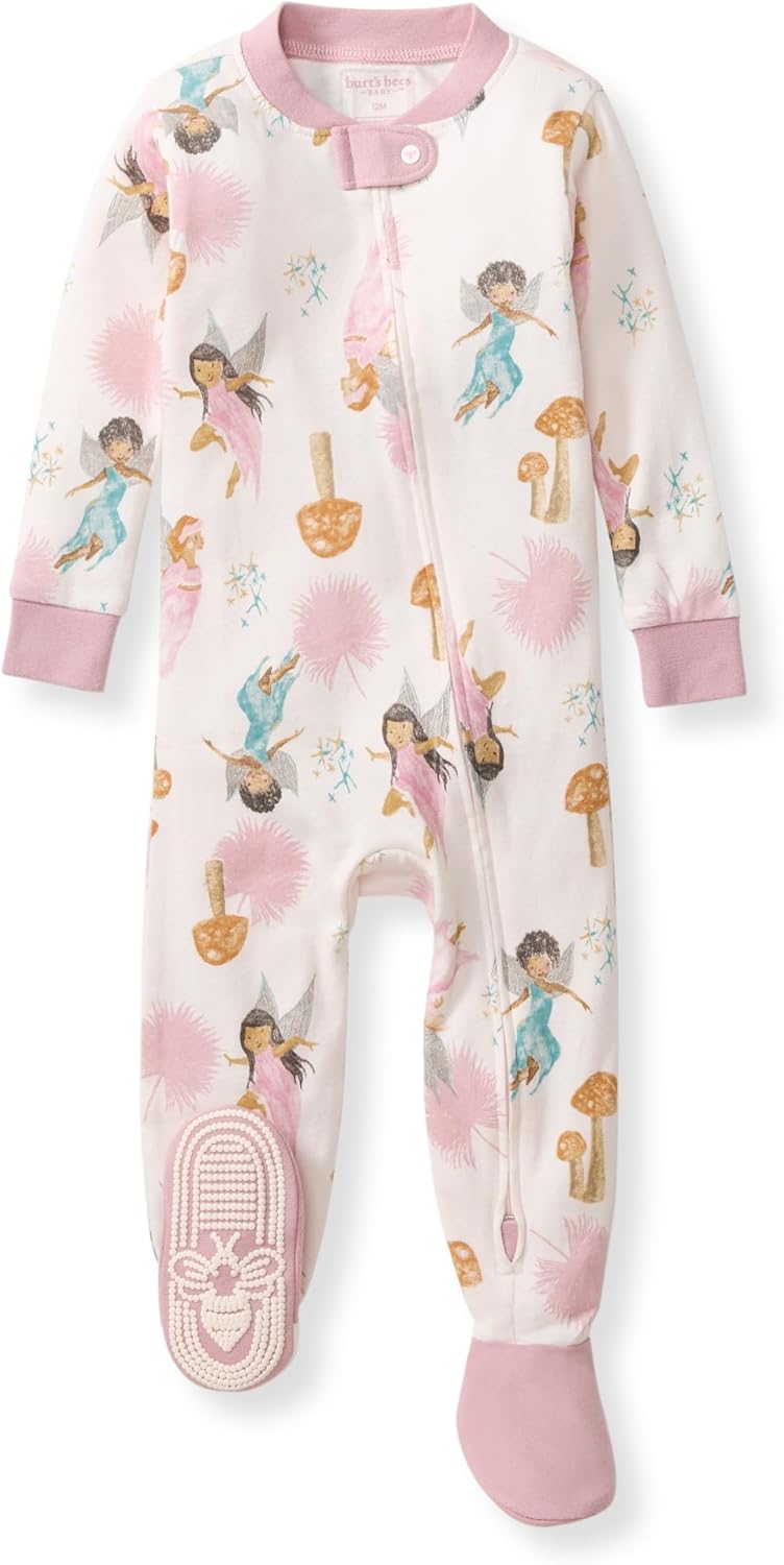 Burt's Bees Baby Baby Girls Sleeper Pajamas, 100% Organic Cotton, One-piece PJs, Diagonal Zip Up Jumpsuit, Snug Fit Footie