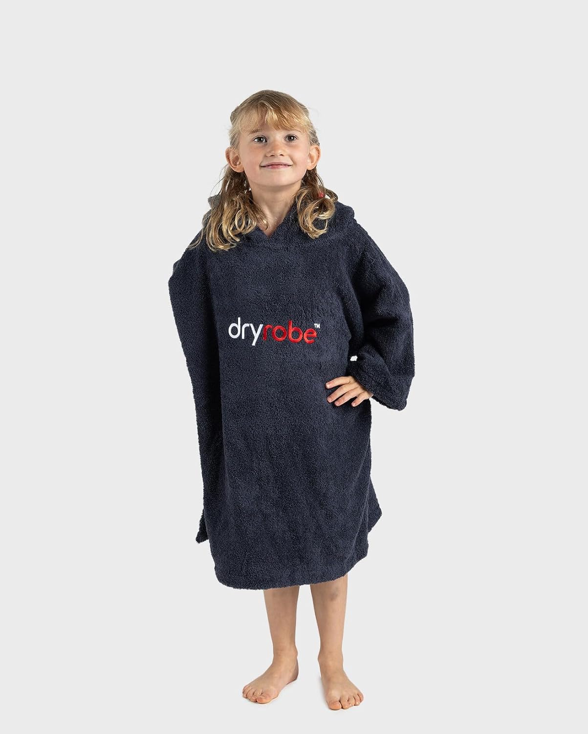Dryrobe Towel Swim Robe - Hooded Surf Poncho Changing Robe - Organic Cotton - for Swimming, Beach, Surfing - Short Sleeve (Kids 10-13) Navy Blue - Image 5