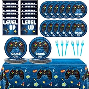 GISGFIM Video Game Party Supplies – Blue Gamer Tableware Set for 20 Guests – Includes 7″ Plates, Napkins, Tablecloth