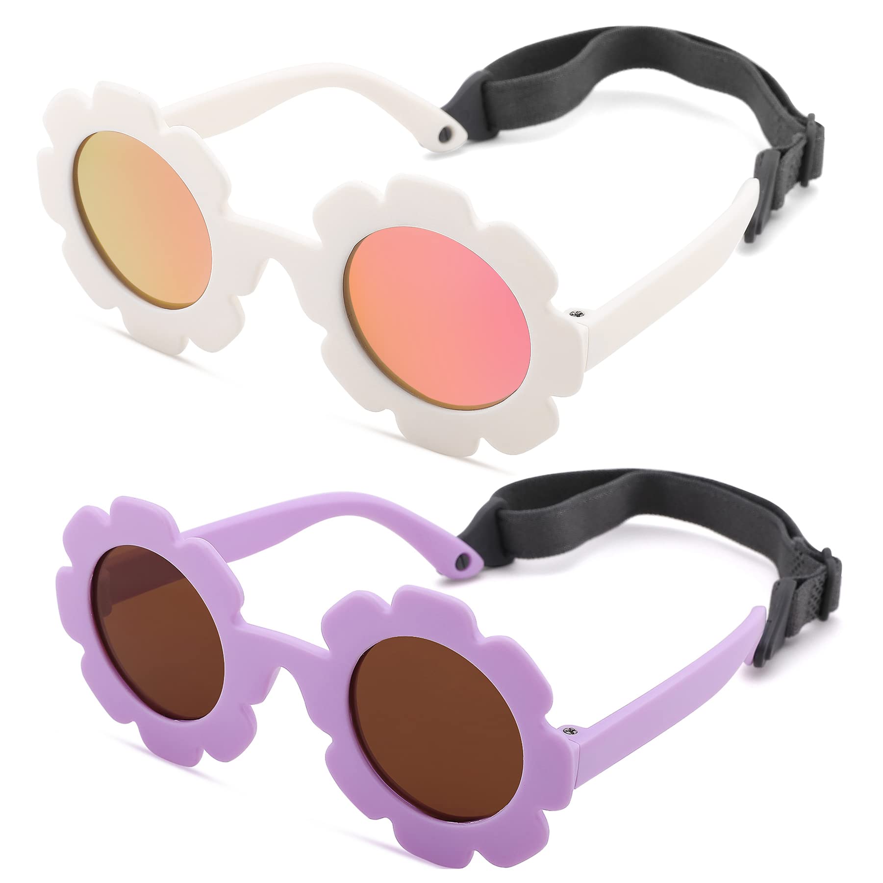 Hycredi Flexible, biegbare Baby-Sonnenbrille mit Blumenmuster, polarisiert, mit Riemen, für Neugeborene, Mädchen, Alter 0–24 Monate