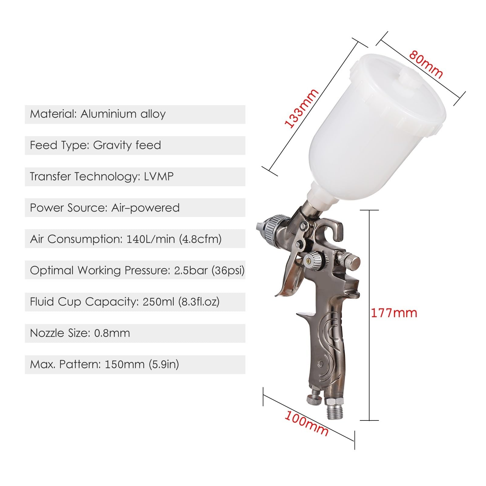 Pistola de Pintura, Pistola de pulverización de pintura, boquilla de 0,8mm, taza de líquido de 250ml, pulverizador de aerógrafo, pintura, muebles y pared de coche