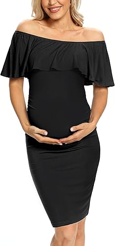 Vestido de maternidad ajustado con volantes y hombros descubiertos, vestido de embarazo formal para baby showerfotografía