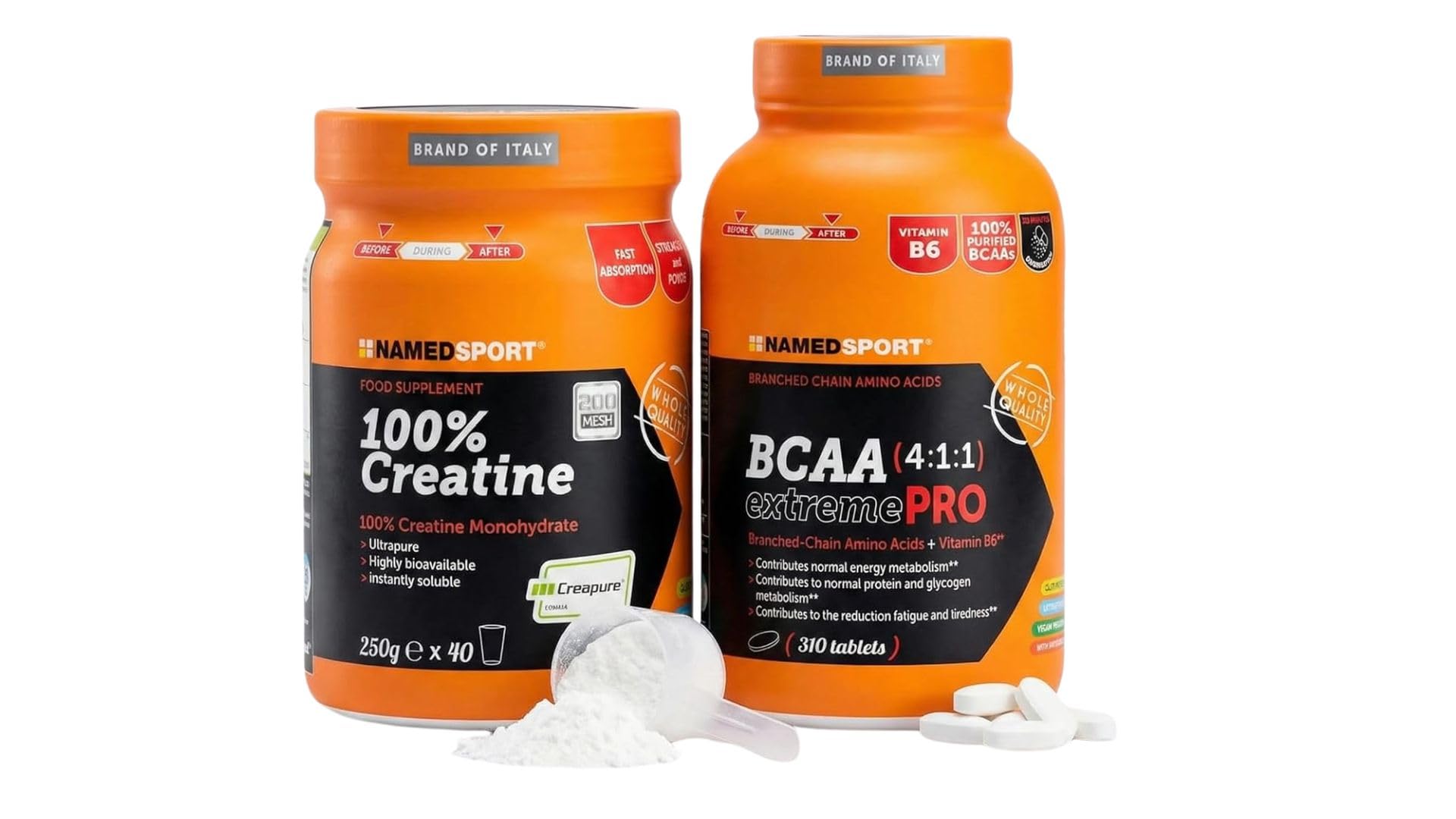 NAMEDSPORT 100% Creatina Monoidrato Micronizzata 250g + BCAA 4:1:1 extremePRO 310 Compresse | Forza & Recupero Estremo | Aminoacidi Ramificati ad Alta Purezza con Vitamina B6 per Massa e Definizione