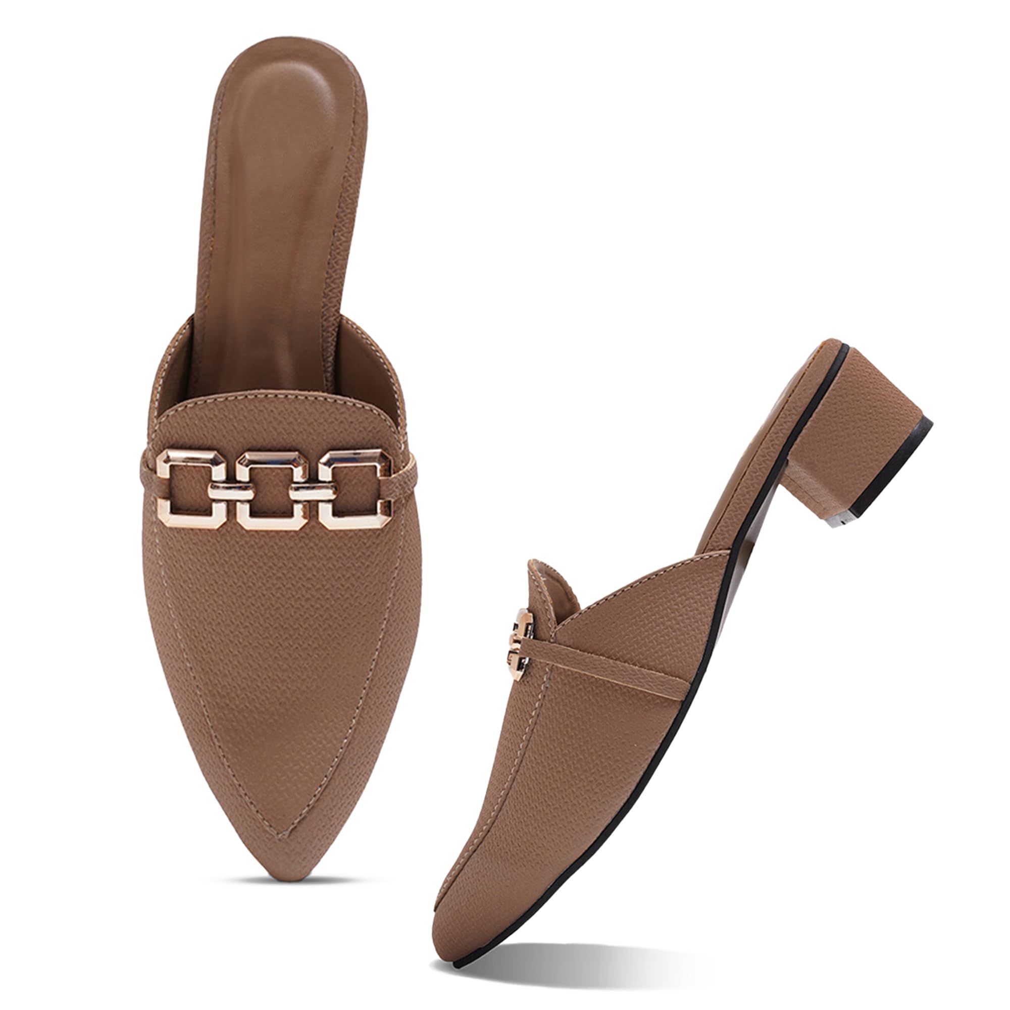 Froh Feet Womens Chunky Heel Mules Closed Pointed-Toe with Embllished Gold Chain Detail Heeled Slip on Clogs Casual Backless Loafers Shoes for Office Party & Cassual-picture-53